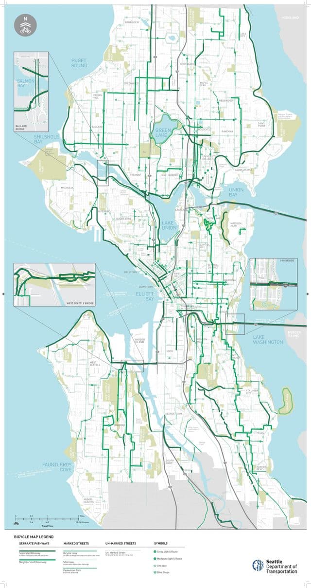 Mapa pasów rowerowych w Seattle