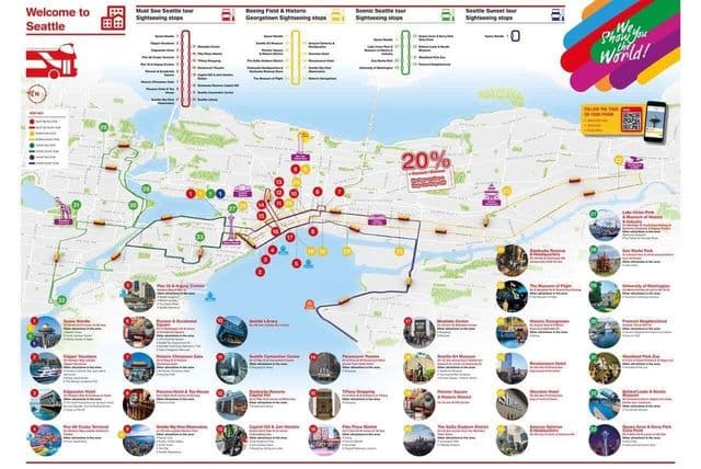 Seattle Hop On Hop Off mapa wycieczek autobusowych