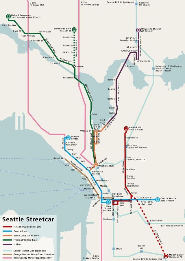 Mapa przystanków tramwajowych w Seattle
