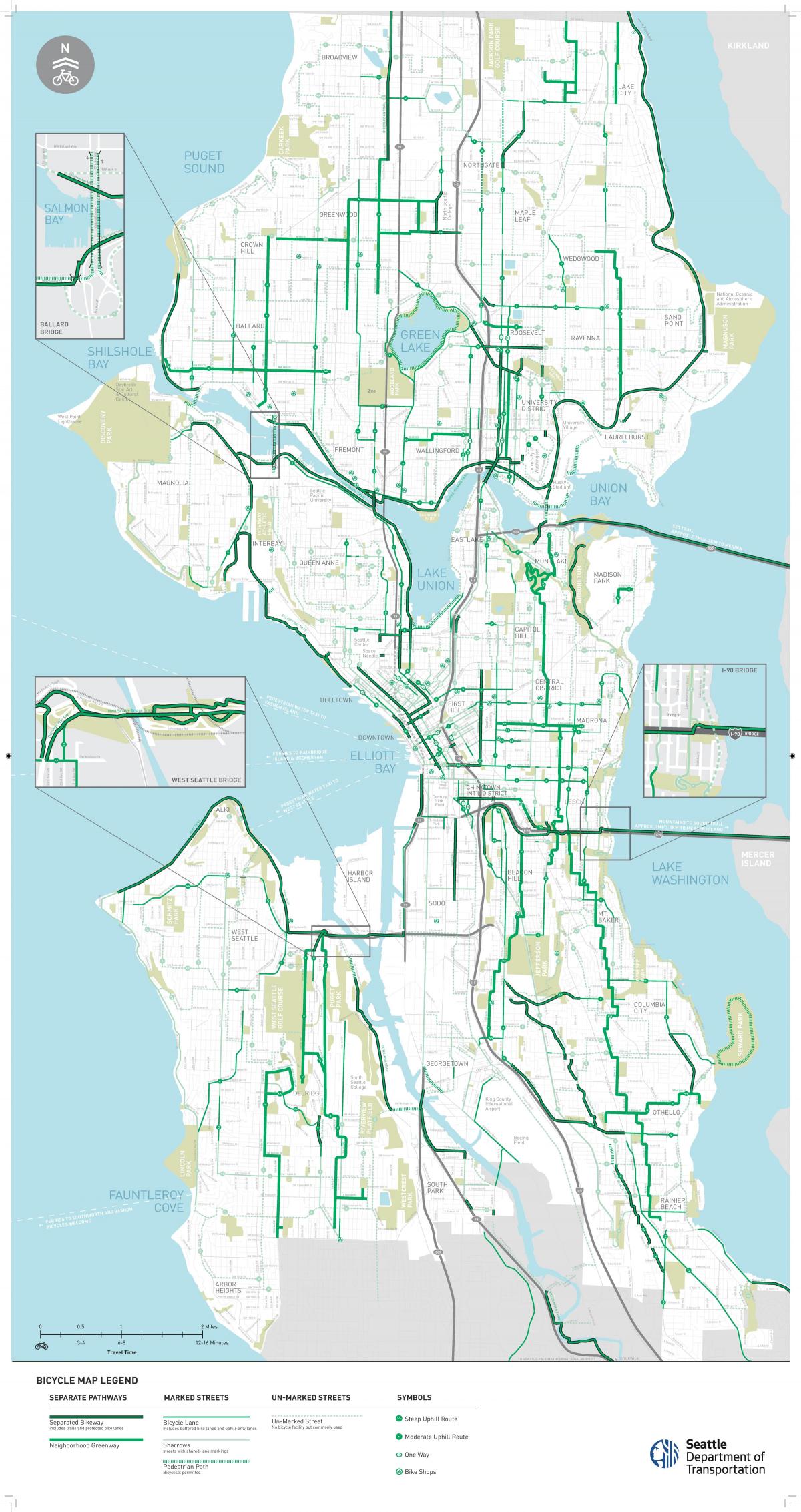 Mapa pasów rowerowych w Seattle
