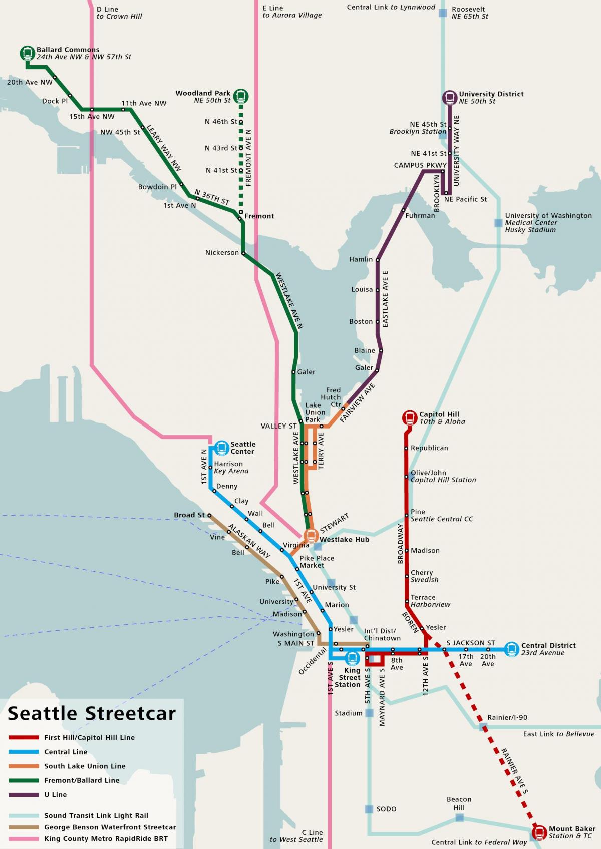 Mapa przystanków tramwajowych w Seattle