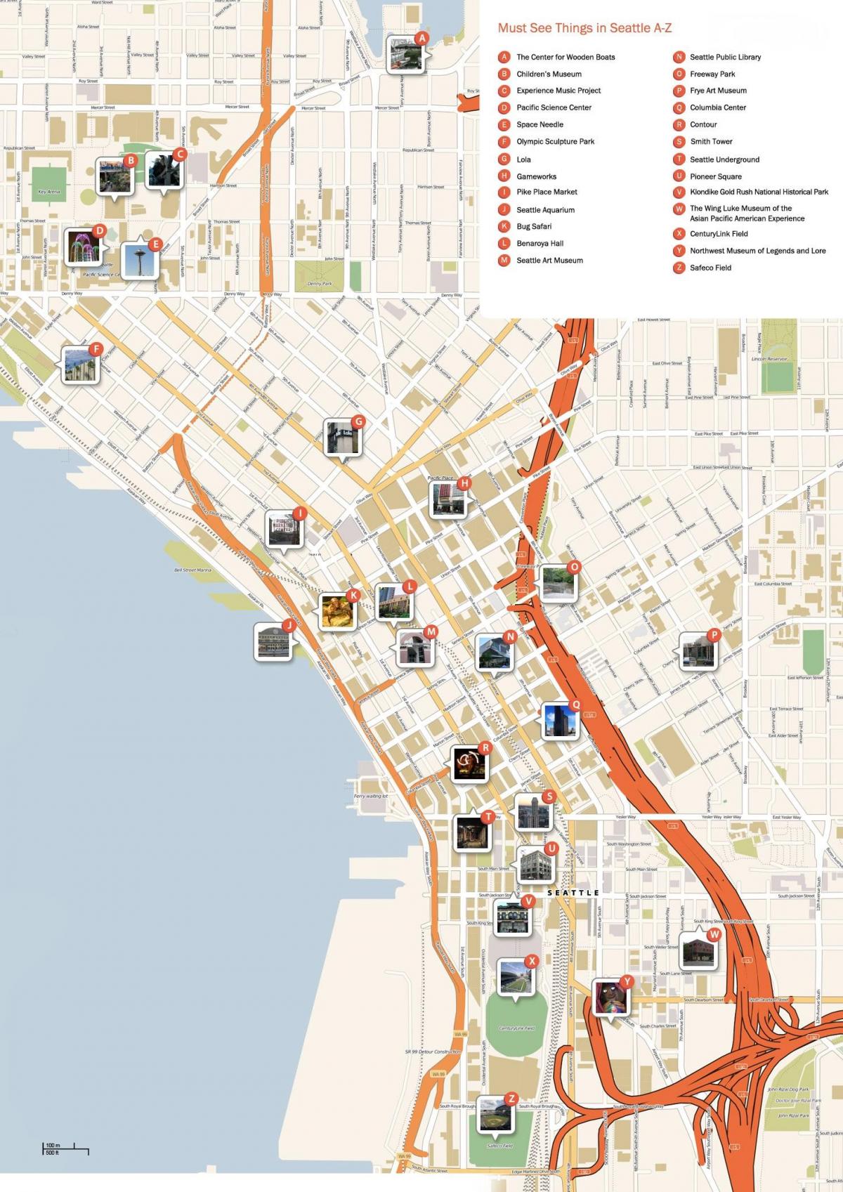 Mapa pieszych wycieczek po Seattle
